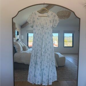 LoveShackFancy White Maxi Dress with Blue Floral Print